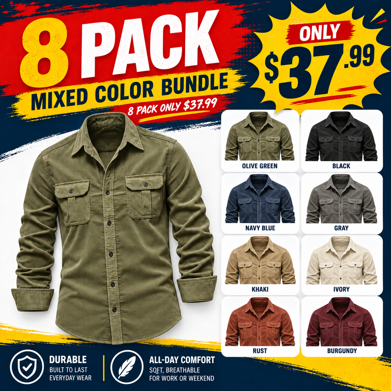 Men's Double-Flap Pocket Button-Up Shirt Multipack
