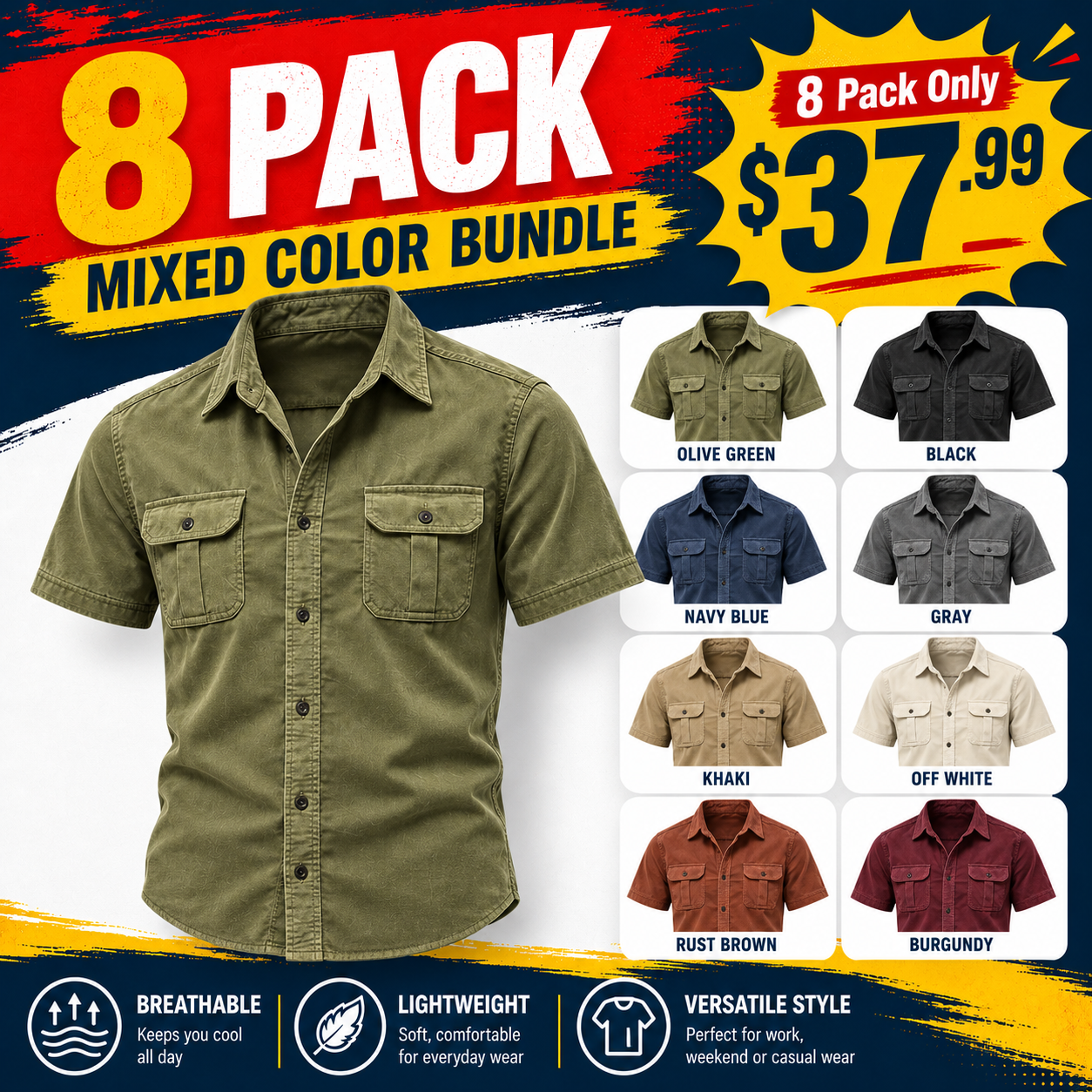 Men's Double-Flap Pocket Button-Up Shirt Multipack