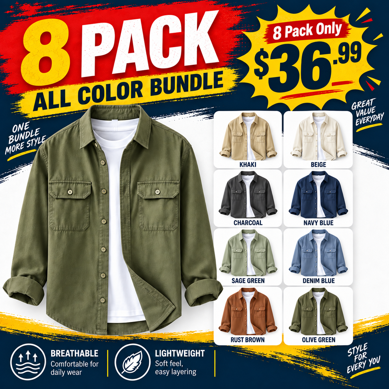 Men's Relaxed Flap-Pocket Overshirt Multipack