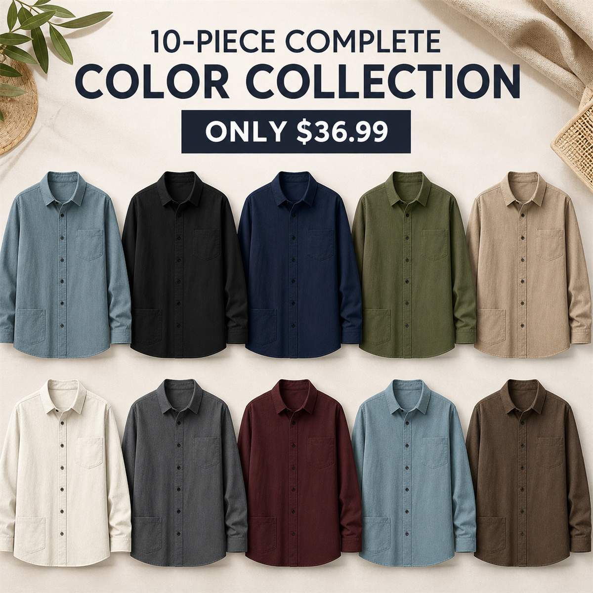 Men's Relaxed Long-Sleeve Two-Pocket Button-Front Overshirt - 10-Piece Complete Color Collection - $36.99
