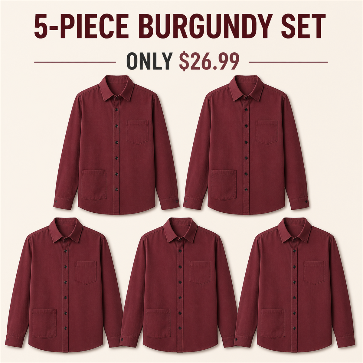 Men's Relaxed Long-Sleeve Two-Pocket Button-Front Overshirt - 5-Piece Burgundy Set - $26.99