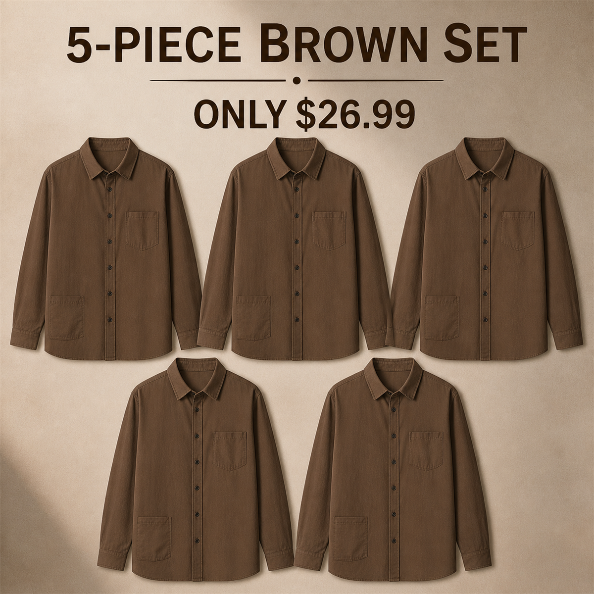 Men's Relaxed Long-Sleeve Two-Pocket Button-Front Overshirt - 5-Piece Brown Set - $26.99