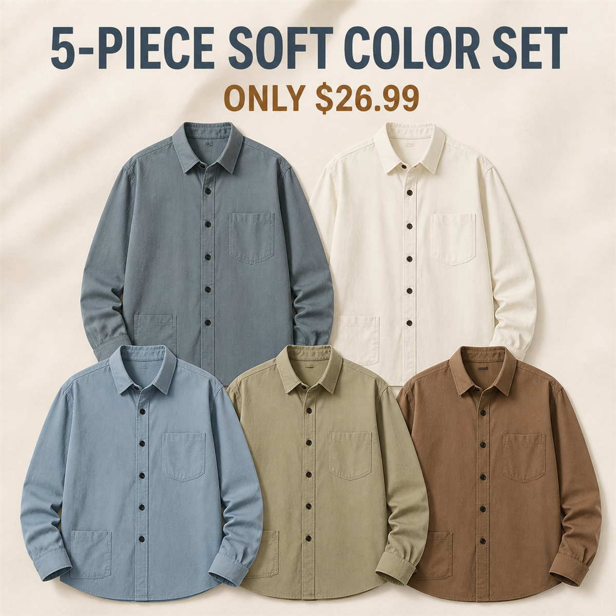 Men's Relaxed Long-Sleeve Two-Pocket Button-Front Overshirt - 5-Piece Soft Color Set - $26.99
