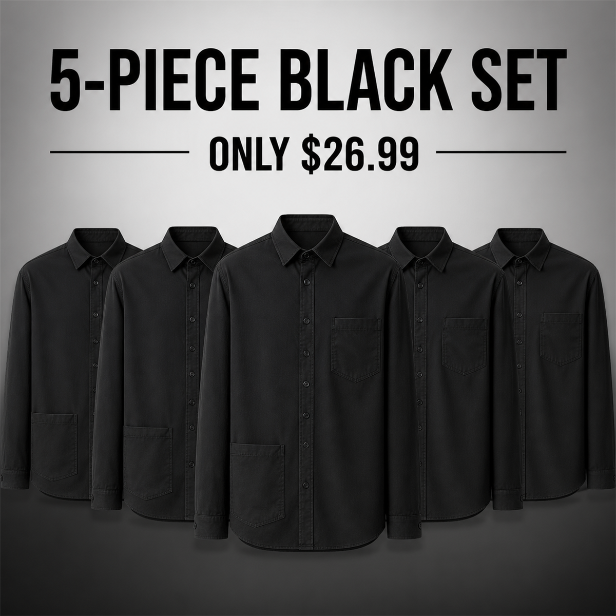 Men's Relaxed Long-Sleeve Two-Pocket Button-Front Overshirt - 5-Piece Black Set - $26.99