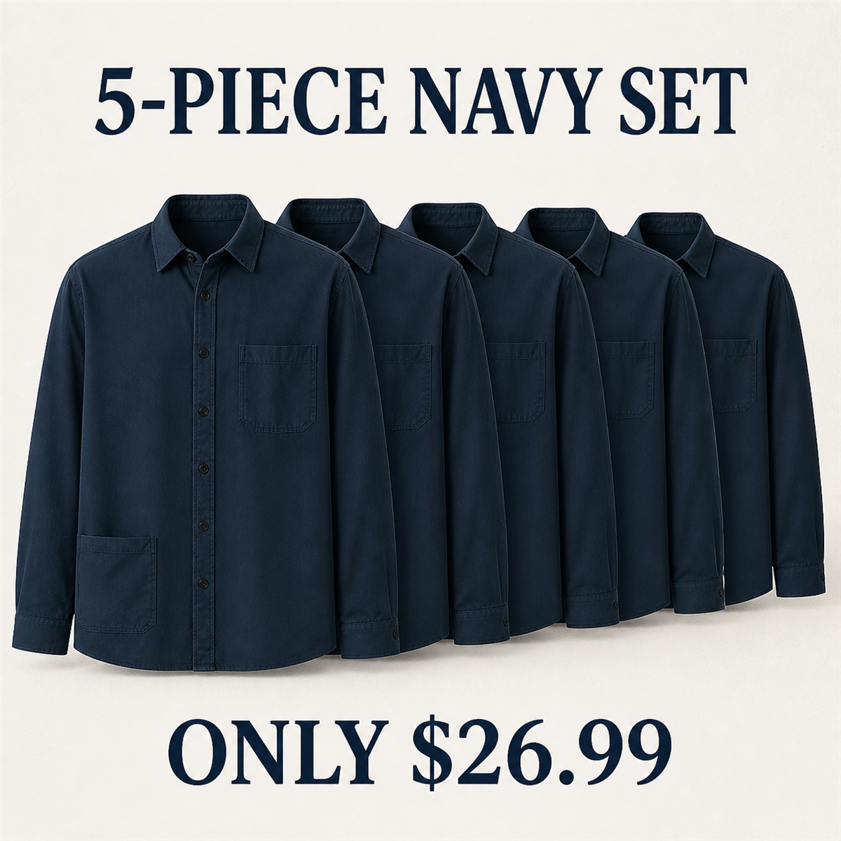 Men's Relaxed Long-Sleeve Two-Pocket Button-Front Overshirt - 5-Piece Navy Set - $26.99