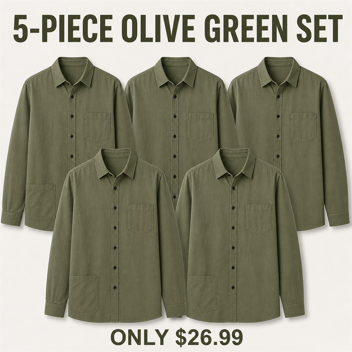 Men's Relaxed Long-Sleeve Two-Pocket Button-Front Overshirt - 5-Piece Olive Green Set - $26.99