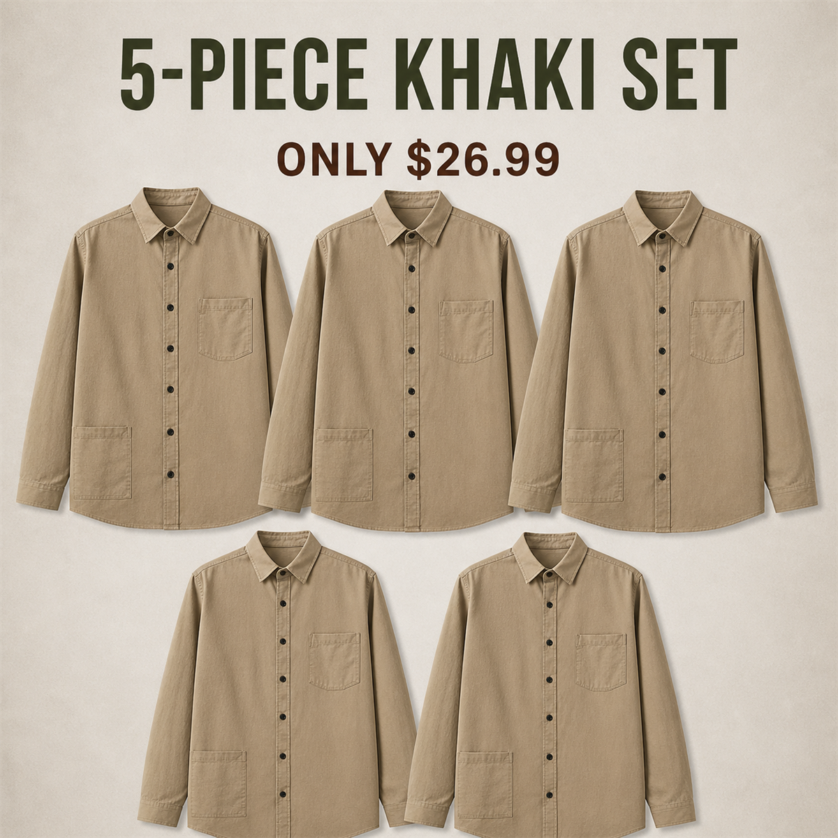 Men's Relaxed Long-Sleeve Two-Pocket Button-Front Overshirt - 5-Piece Khaki Set - $26.99