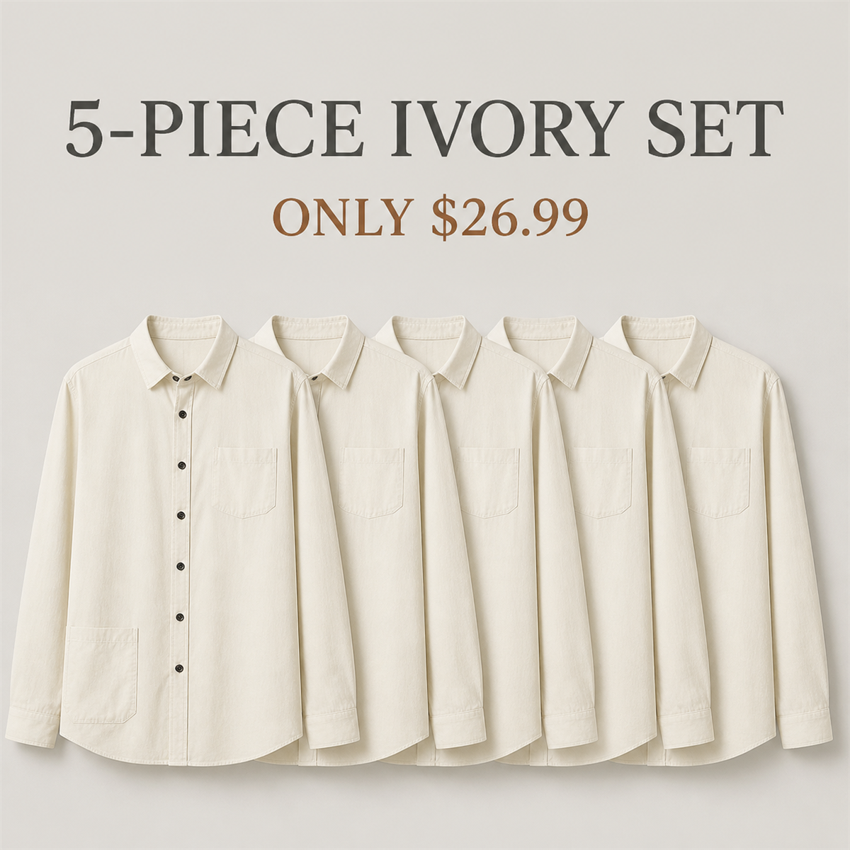 Men's Relaxed Long-Sleeve Two-Pocket Button-Front Overshirt - 5-Piece Ivory Set - $26.99
