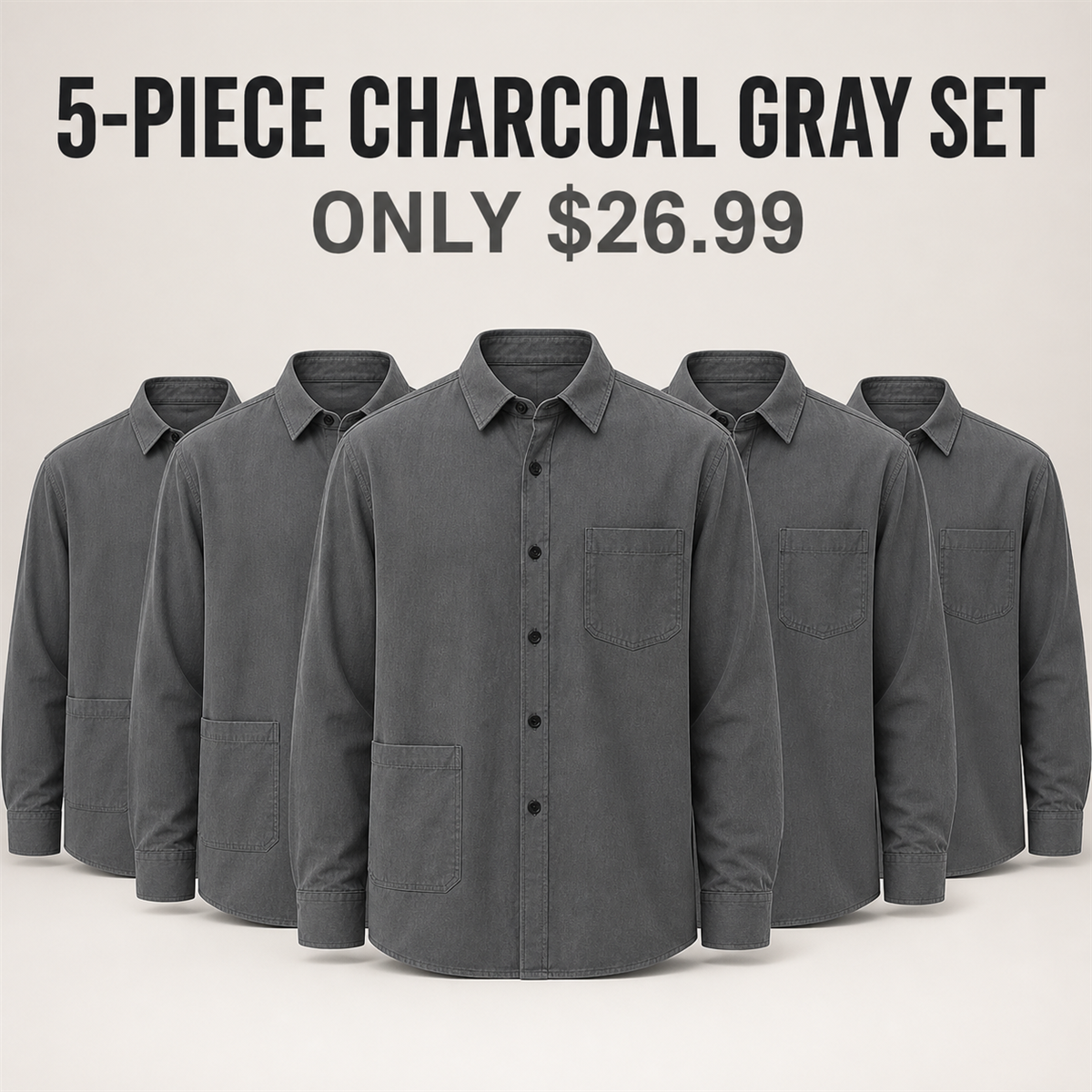 Men's Relaxed Long-Sleeve Two-Pocket Button-Front Overshirt - 5-Piece Charcoal Gray Set - $26.99