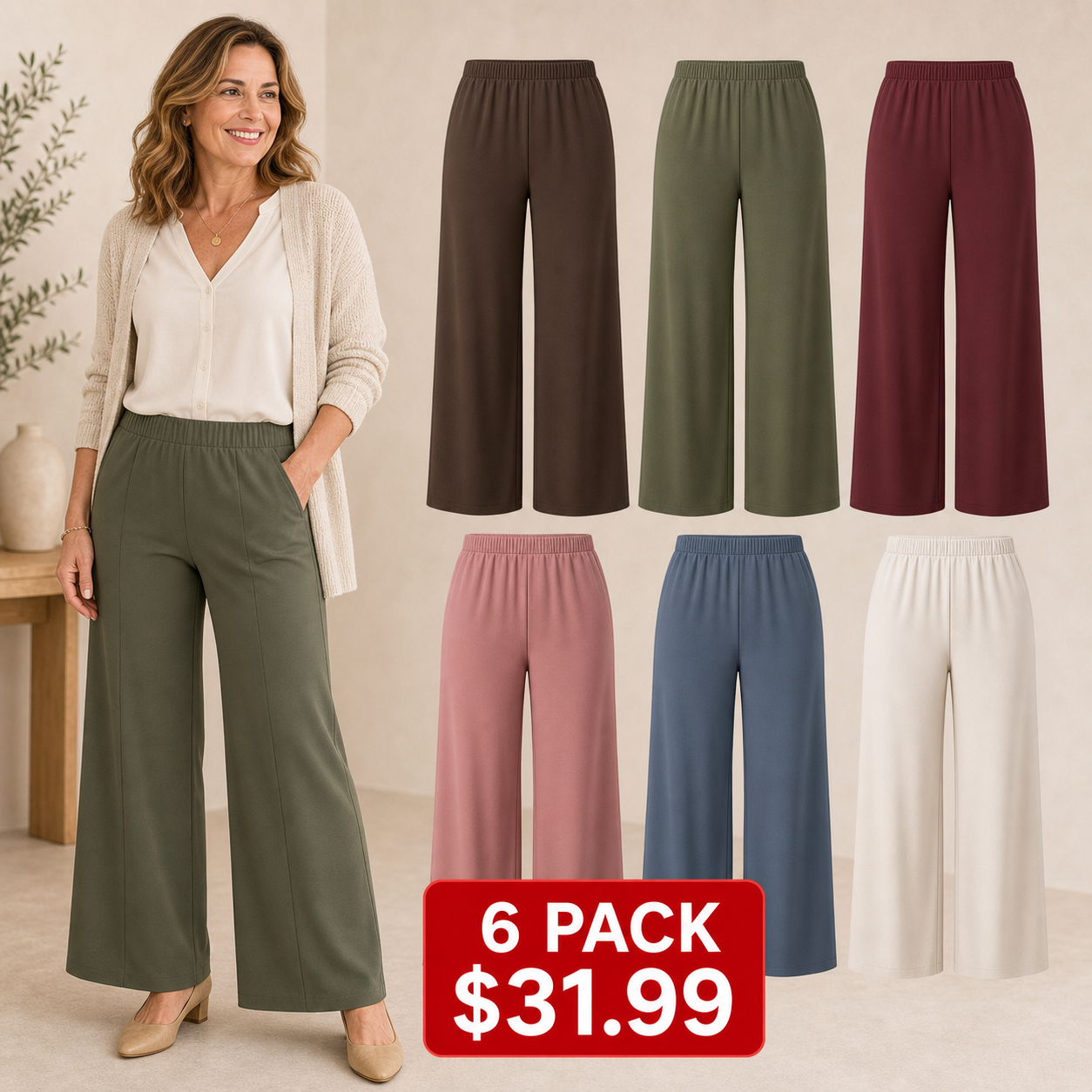 Soft Color 6-Pack - Pull-On Wide-Leg Stretch Dress Pants for Women