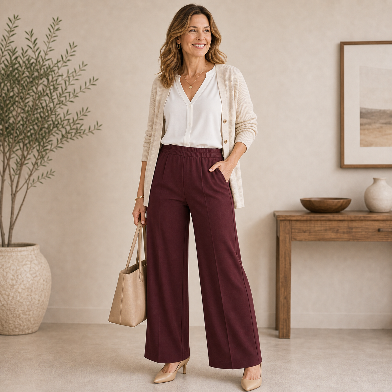 Burgundy - Pull-On Wide-Leg Stretch Dress Pants for Women