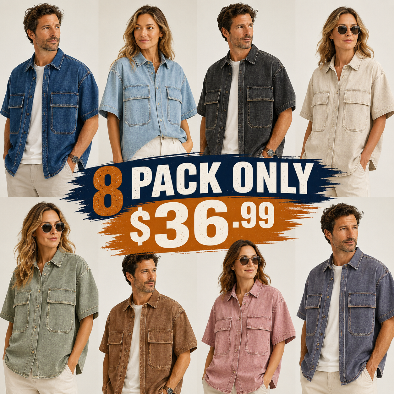 Pack & Save 8-Pack Women's Washed Cotton Denim Short Sleeve Oversized Button-Up Shirts