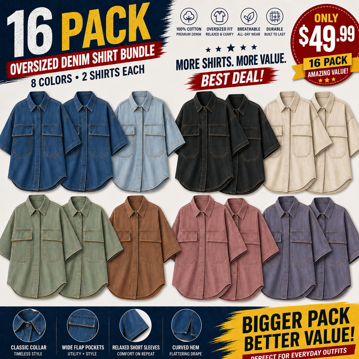 Pack & Save 8-Pack Women's Washed Cotton Denim Short Sleeve Oversized Button-Up Shirts