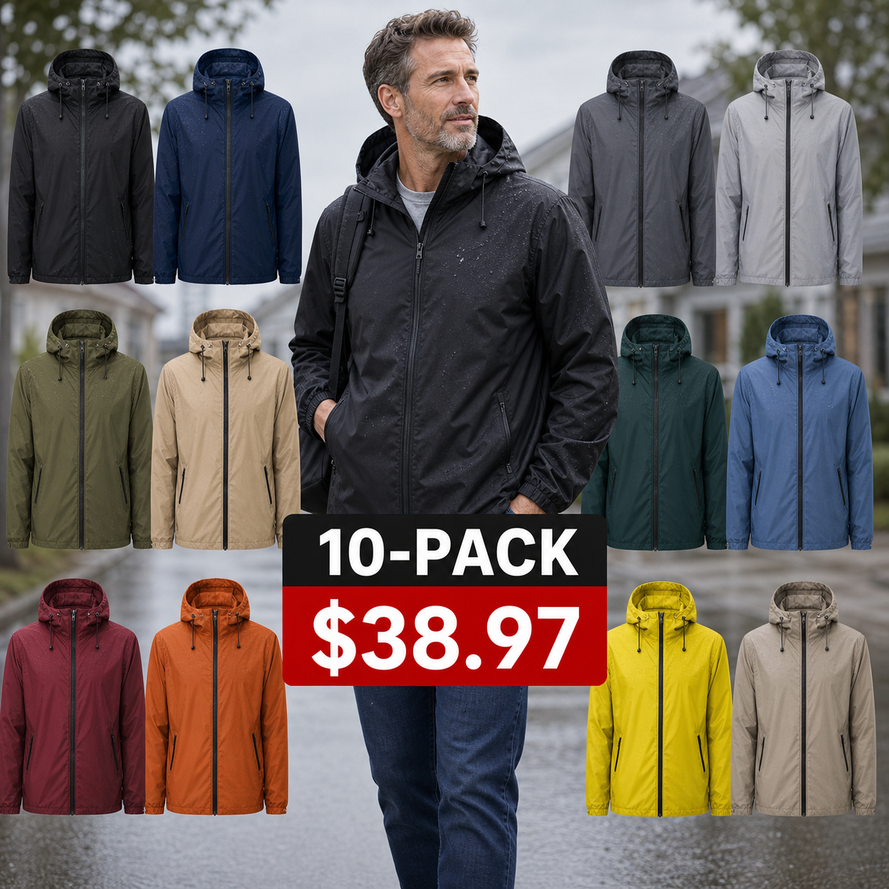 10-Pack - All 10 Colors - Men's Lightweight Waterproof Packable Rain Jacket