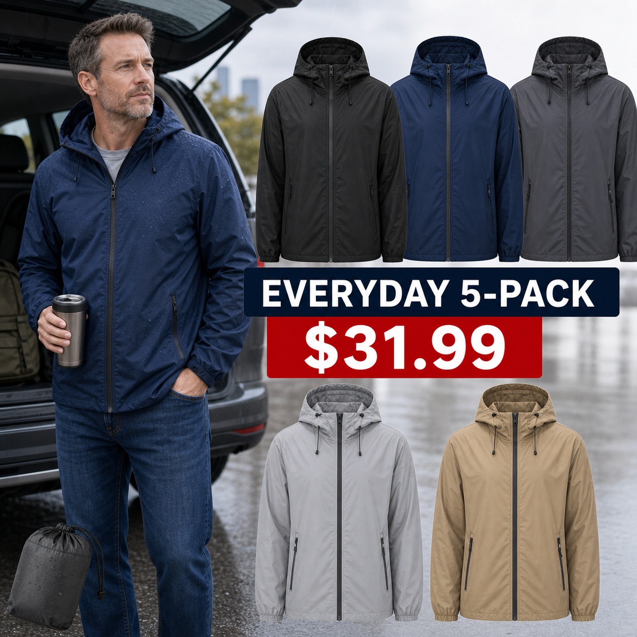 Everyday 5-Pack - Men's Lightweight Waterproof Packable Rain Jacket