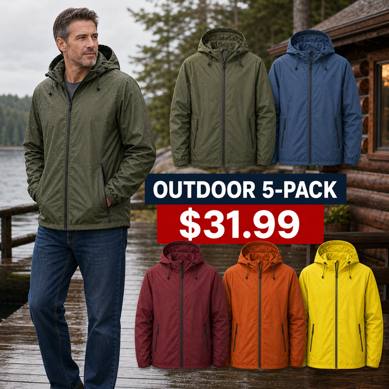 Outdoor 5-Pack - Men's Lightweight Waterproof Packable Rain Jacket