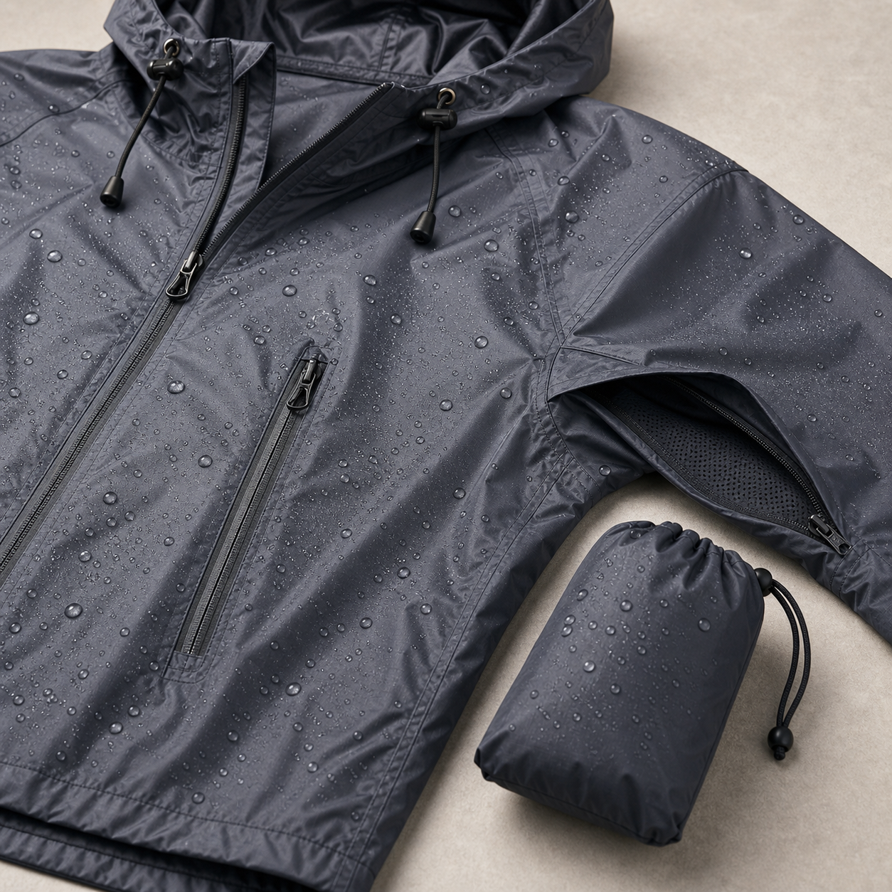 Men's Lightweight Waterproof Packable Rain Jacket waterproof fabric detail