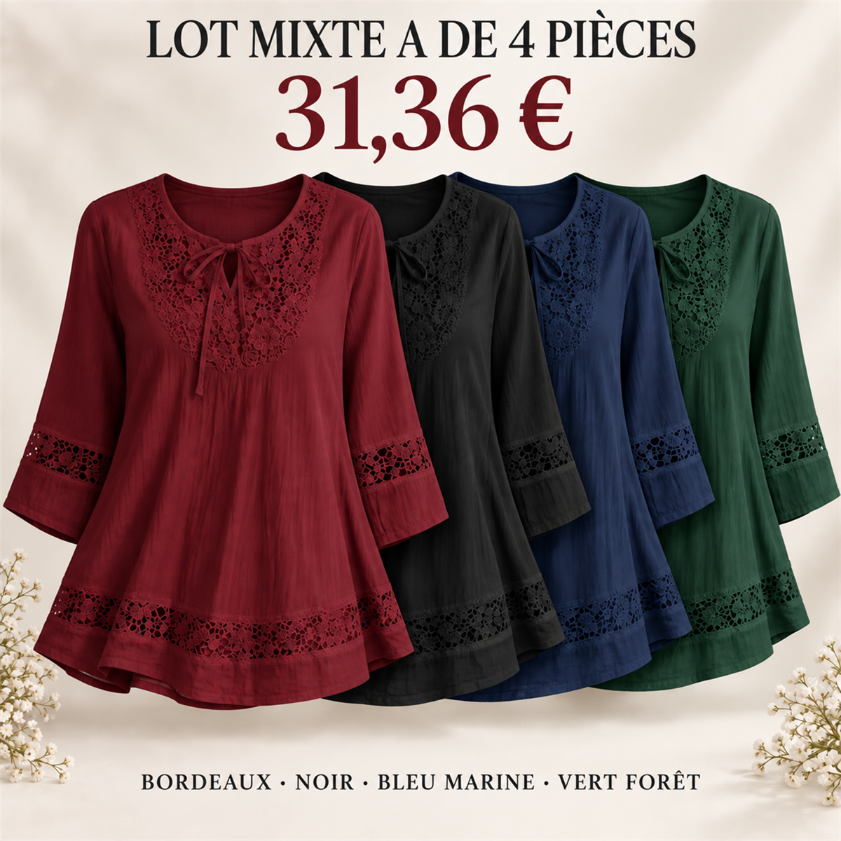Tunique femme à dentelle et manches trois-quarts – lot - Lot de 4 pièces, assortiment A: Bordeaux / Noir / Bleu marine / Vert forêt