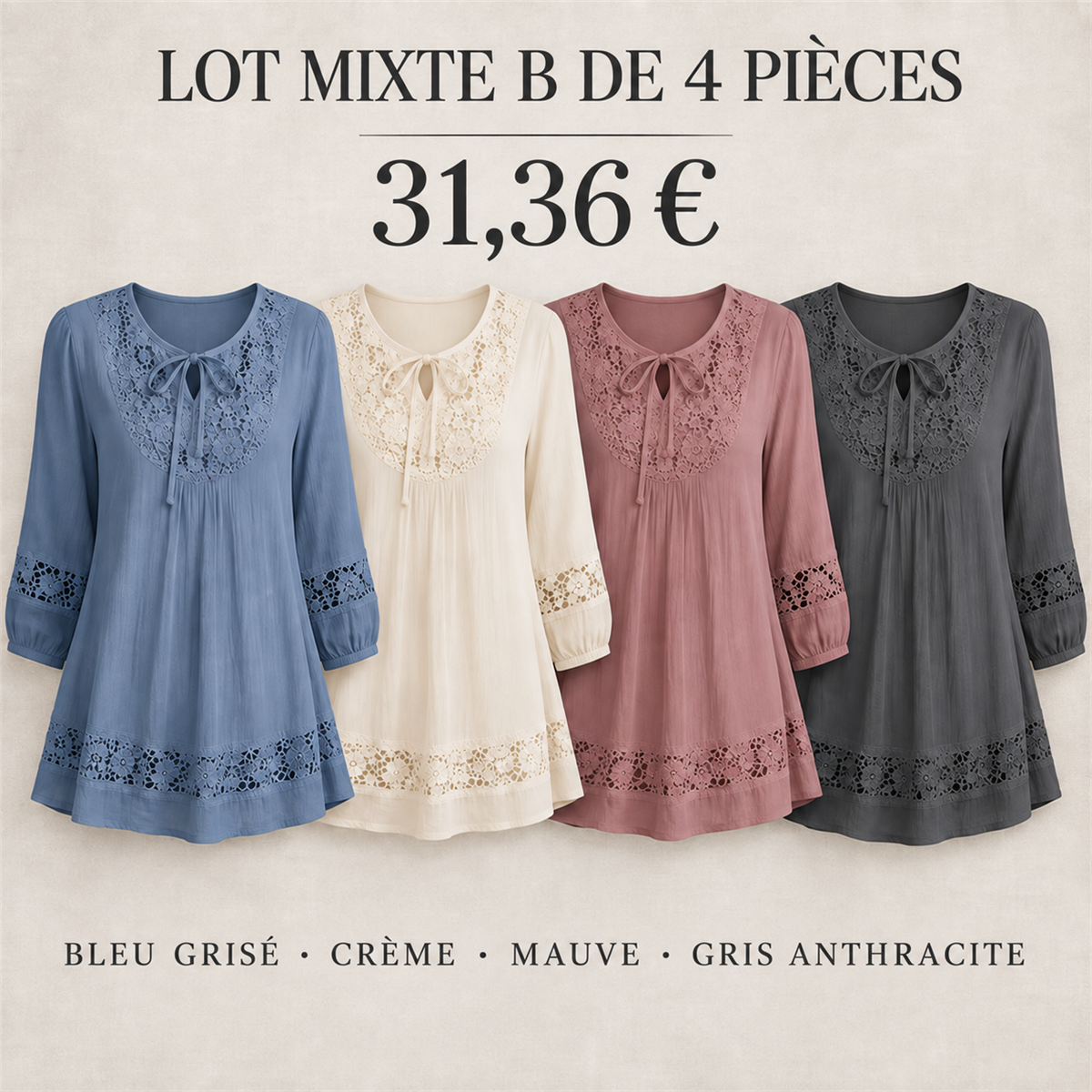 Tunique femme à dentelle et manches trois-quarts – lot - Lot de 4 pièces, assortiment B: Bleu grisé / Crème / Mauve / Anthracite