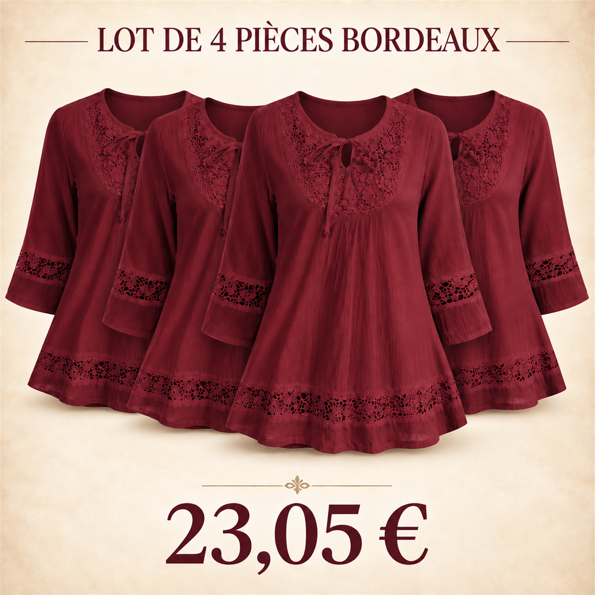 Tunique femme à dentelle et manches trois-quarts – lot - Bordeaux 鈥?Lot de 4 pièces