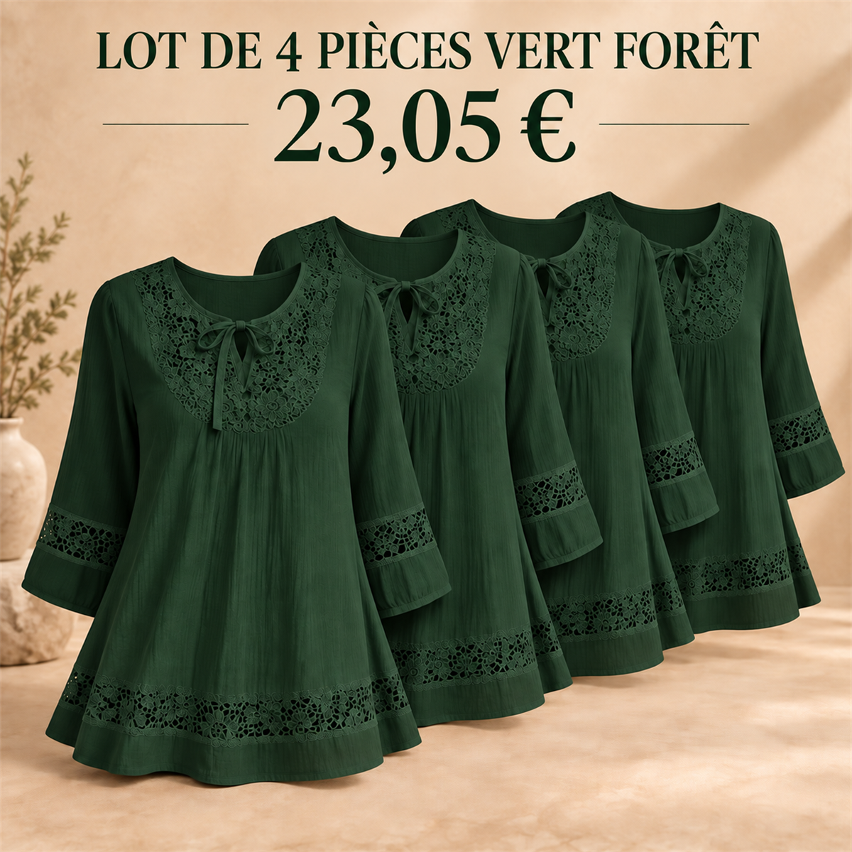 Tunique femme à dentelle et manches trois-quarts – lot - Vert forêt 鈥?Lot de 4 pièces