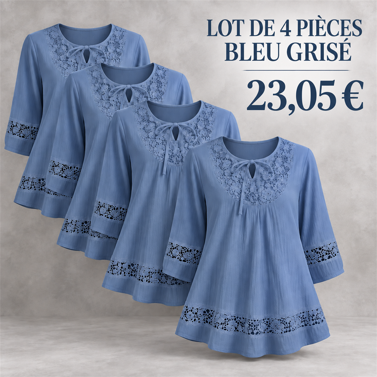 Tunique femme à dentelle et manches trois-quarts – lot - Bleu grisé 鈥?Lot de 4 pièces