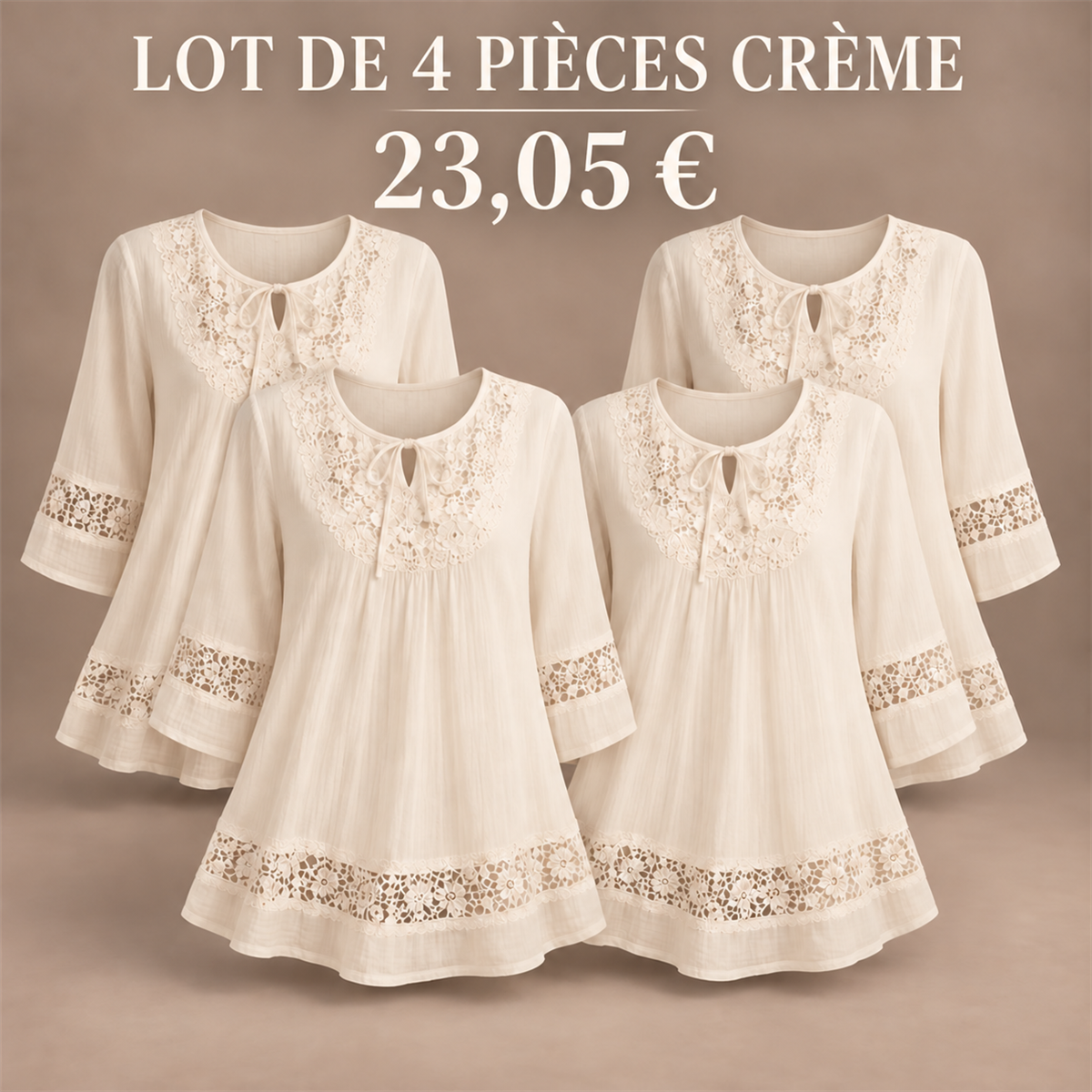 Tunique femme à dentelle et manches trois-quarts – lot - Crème 鈥?Lot de 4 pièces