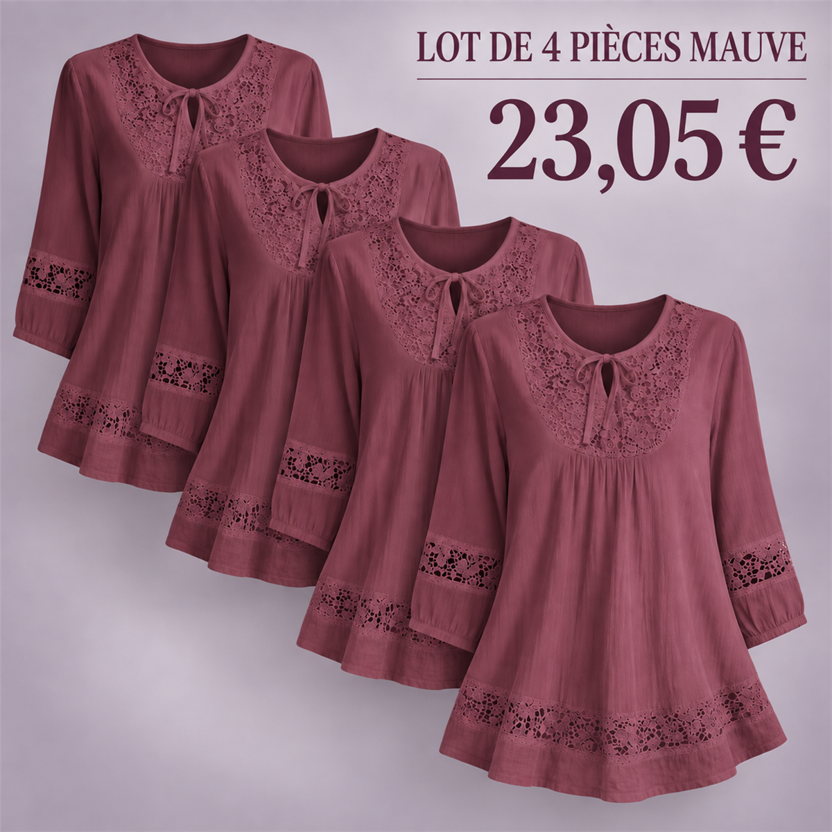 Tunique femme à dentelle et manches trois-quarts – lot - Mauve 鈥?Lot de 4 pièces