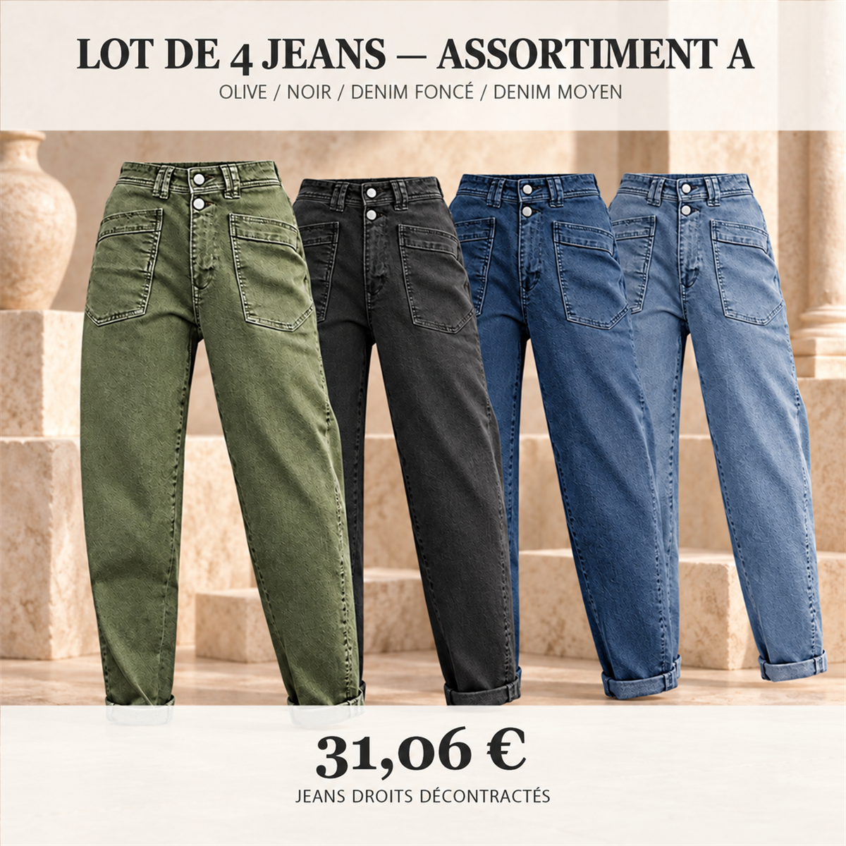 Jean droit décontracté femme – lot - Lot de 4 pièces, assortiment A: Olive / Noir / Denim foncé / Denim moyen