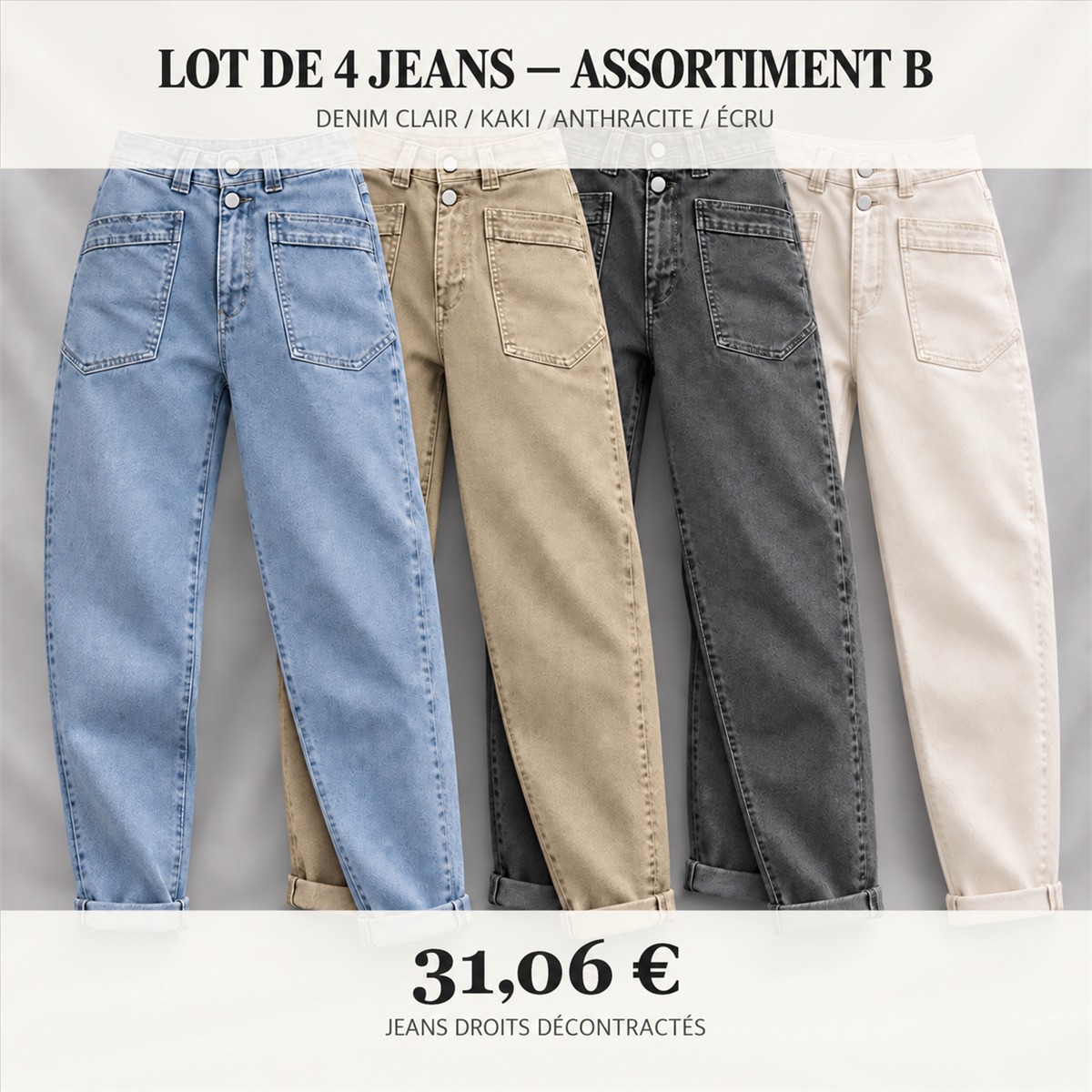 Jean droit décontracté femme – lot - Lot de 4 pièces, assortiment B: Denim clair / Kaki / Anthracite / Crème