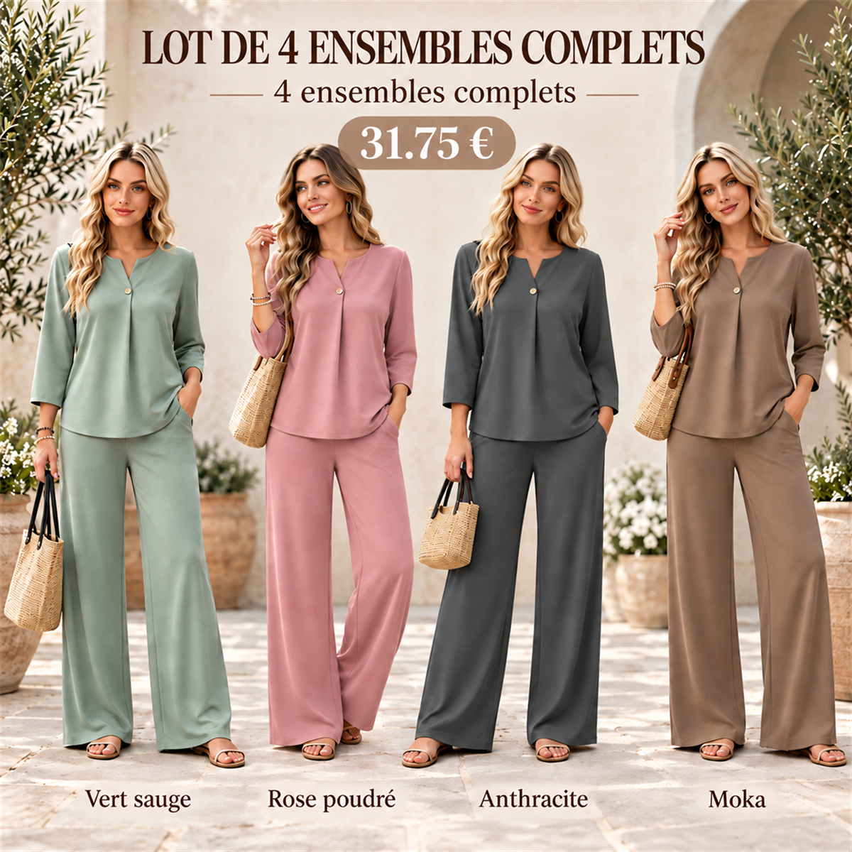 Ensemble femme haut à encolure fendue et pantalon large – lot - Lot de 4 ensembles complets, assortiment B: Vert sauge / Rose poudré / Anthracite / Moka
