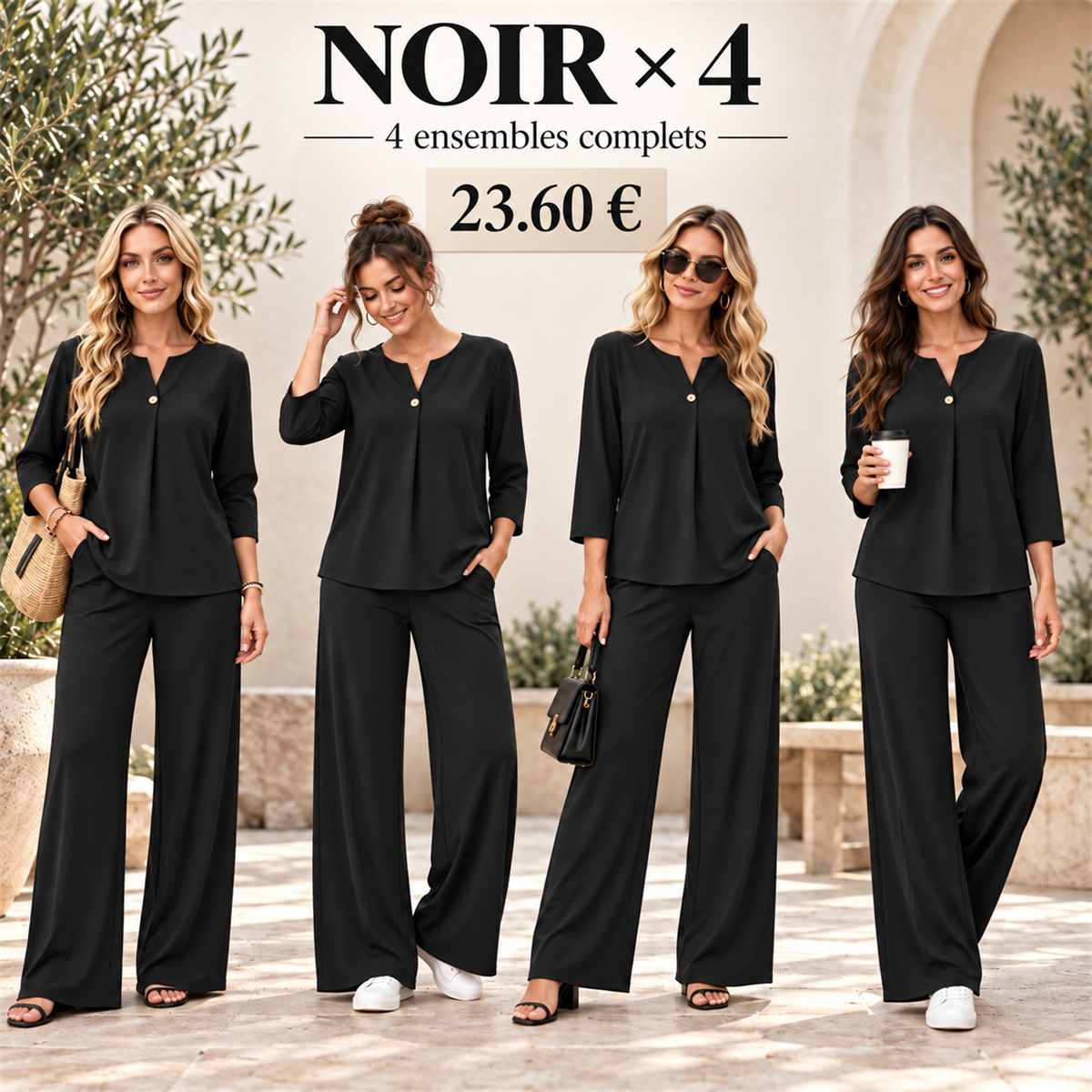 Ensemble femme haut à encolure fendue et pantalon large – lot - Noir 鈥?Lot de 4 ensembles complets