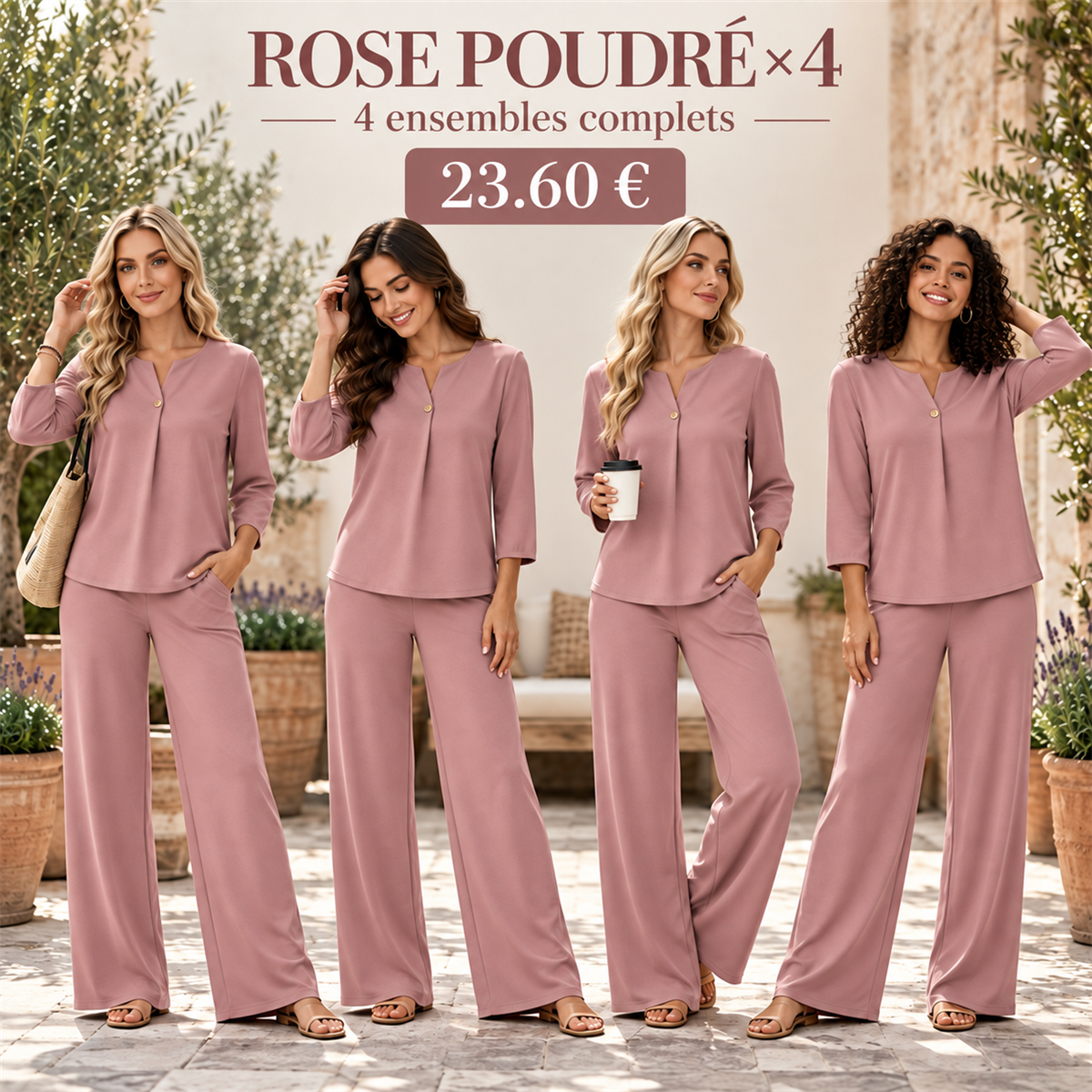 Ensemble femme haut à encolure fendue et pantalon large – lot - Rose poudré 鈥?Lot de 4 ensembles complets