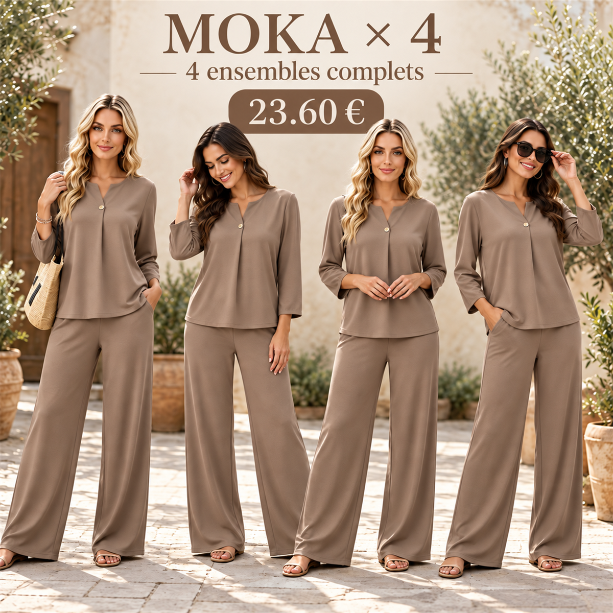 Ensemble femme haut à encolure fendue et pantalon large – lot - Moka 鈥?Lot de 4 ensembles complets