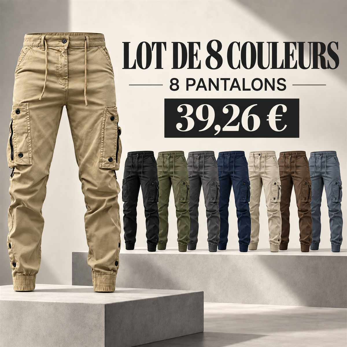 Pantalon cargo jogger homme à cordon de serrage – lot - Lot de 8 pièces, toutes les couleurs