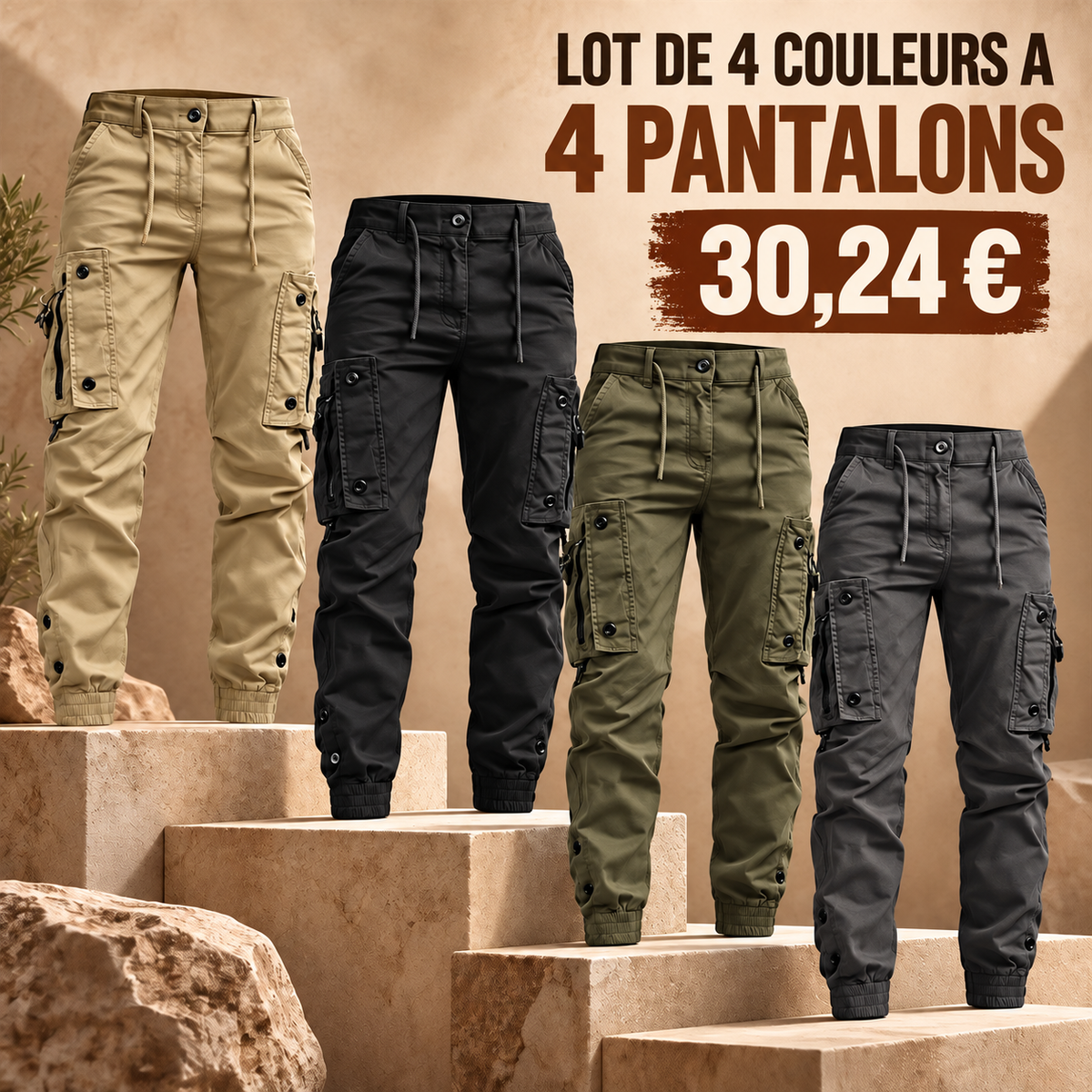 Pantalon cargo jogger homme à cordon de serrage – lot - Lot de 4 pièces, assortiment A: Kaki / Noir / Olive / Anthracite
