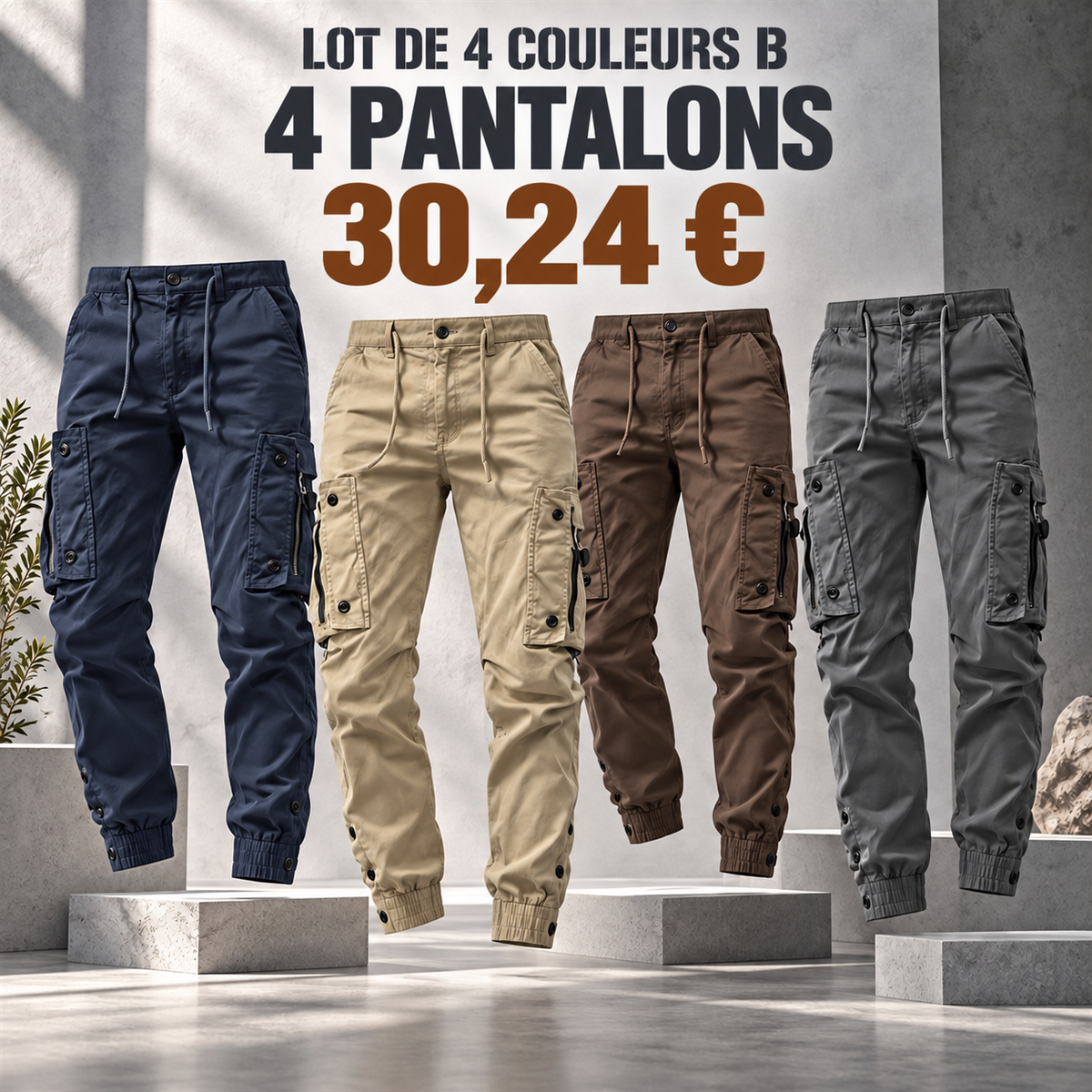 Pantalon cargo jogger homme à cordon de serrage – lot - Lot de 4 pièces, assortiment B: Bleu marine / Pierre / Marron / Ardoise