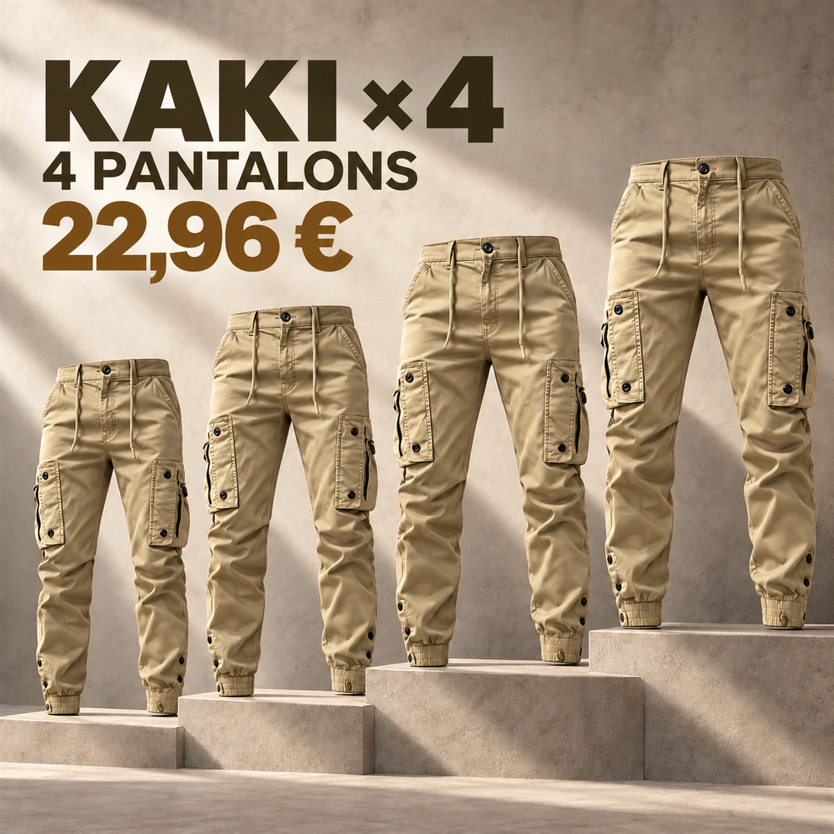 Pantalon cargo jogger homme à cordon de serrage – lot - Kaki 鈥?Lot de 4 pièces