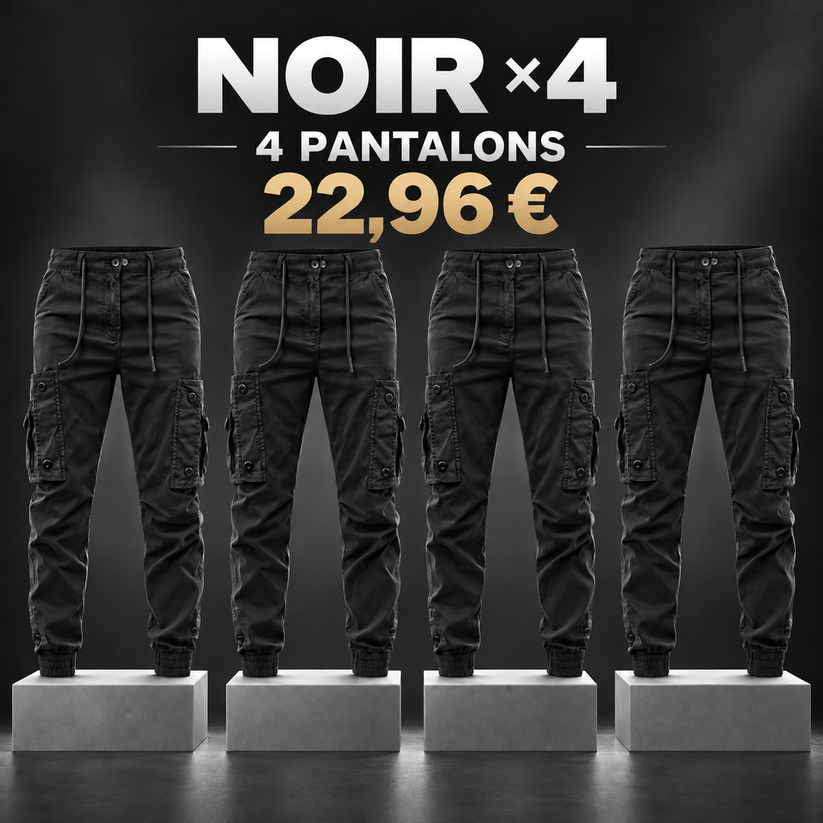 Pantalon cargo jogger homme à cordon de serrage – lot - Noir 鈥?Lot de 4 pièces