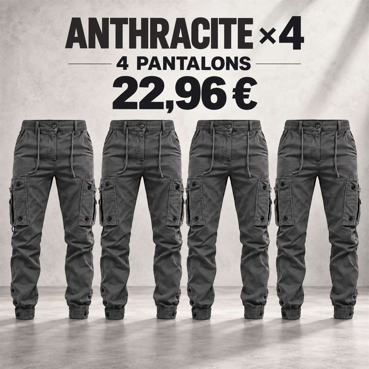 Pantalon cargo jogger homme à cordon de serrage – lot - Anthracite 鈥?Lot de 4 pièces