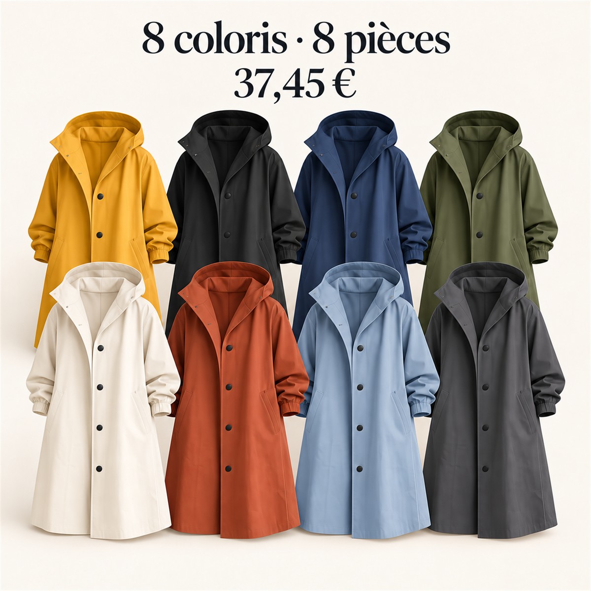 Manteau long femme à capuche et boutons-pression – lot - Lot de 8 pièces, toutes les couleurs