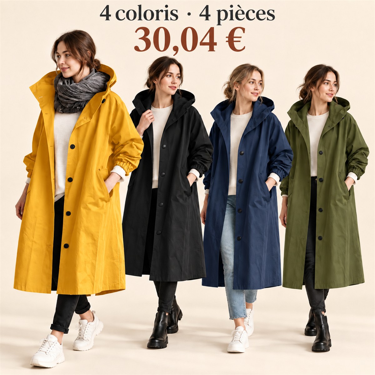 Manteau long femme à capuche et boutons-pression – lot - Lot de 4 pièces, assortiment A: Moutarde / Noir / Bleu marine / Olive