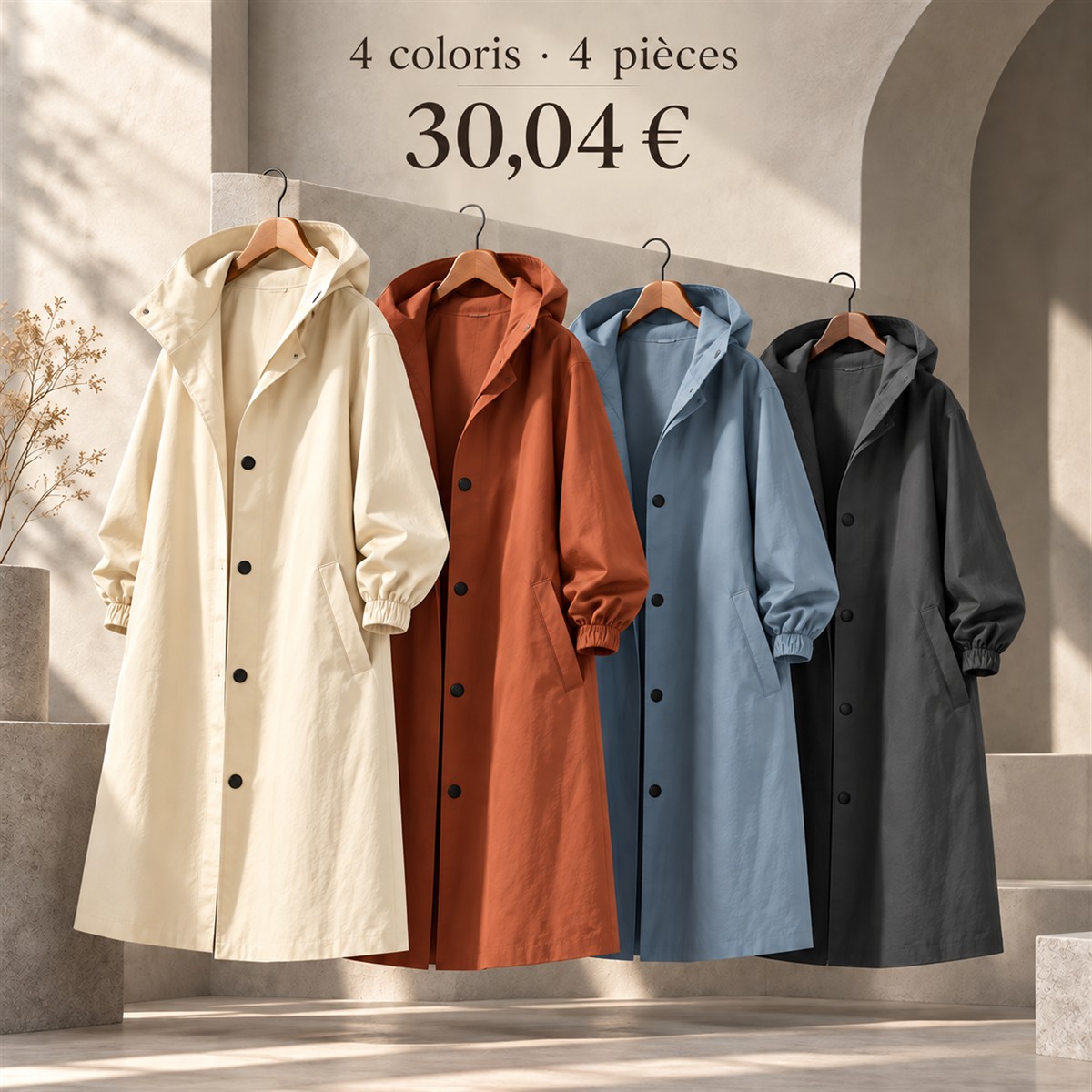 Manteau long femme à capuche et boutons-pression – lot - Lot de 4 pièces, assortiment B: Crème / Rouille / Bleu grisé / Anthracite