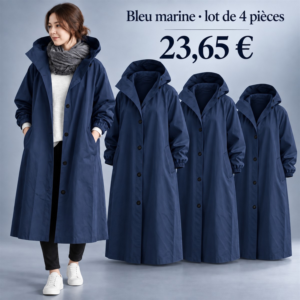 Manteau long femme à capuche et boutons-pression – lot - Bleu marine 鈥?Lot de 4 pièces