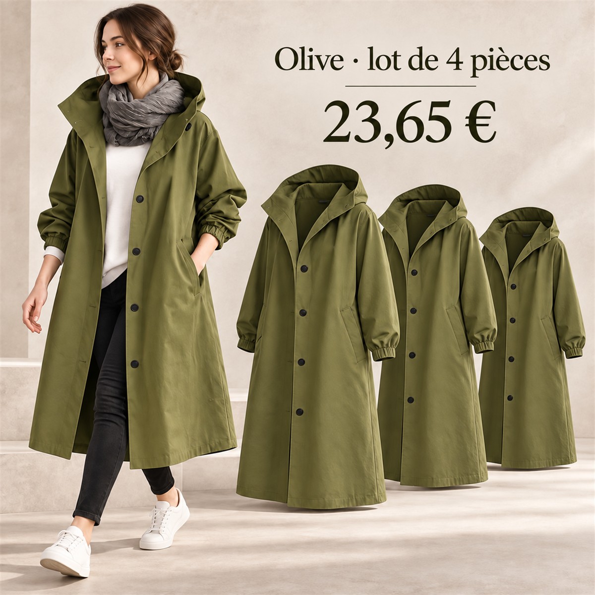 Manteau long femme à capuche et boutons-pression – lot - Olive 鈥?Lot de 4 pièces