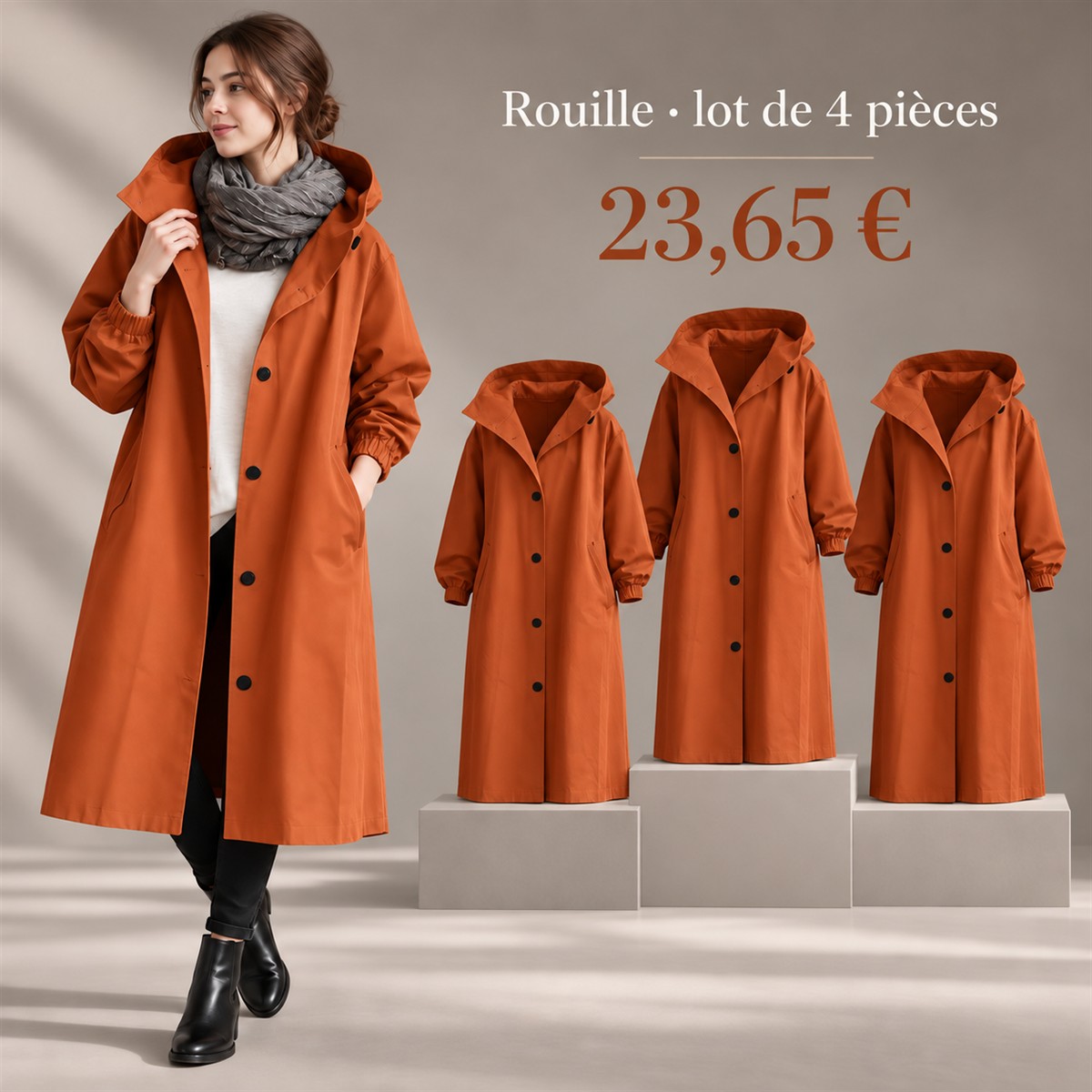 Manteau long femme à capuche et boutons-pression – lot - Rouille 鈥?Lot de 4 pièces