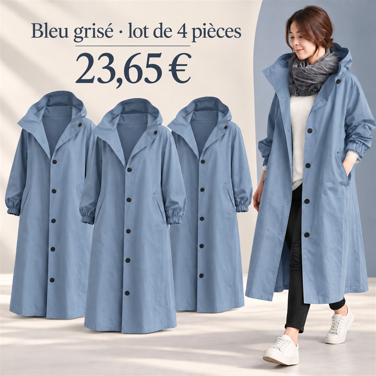 Manteau long femme à capuche et boutons-pression – lot - Bleu grisé 鈥?Lot de 4 pièces