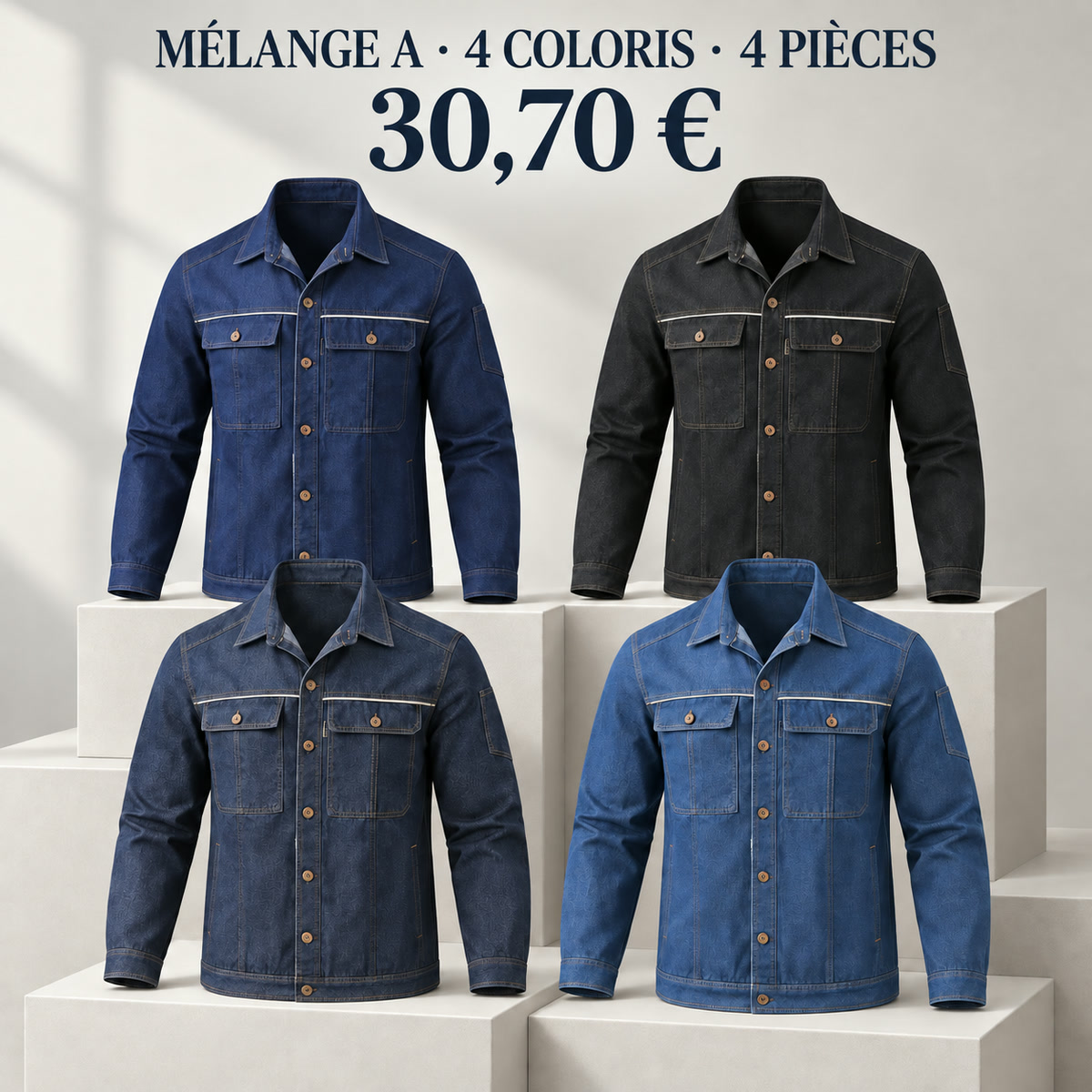 Veste homme à col et boutonnage devant – lot - Lot de 4 pièces, assortiment A: Bleu marine / Noir / Denim foncé / Denim moyen