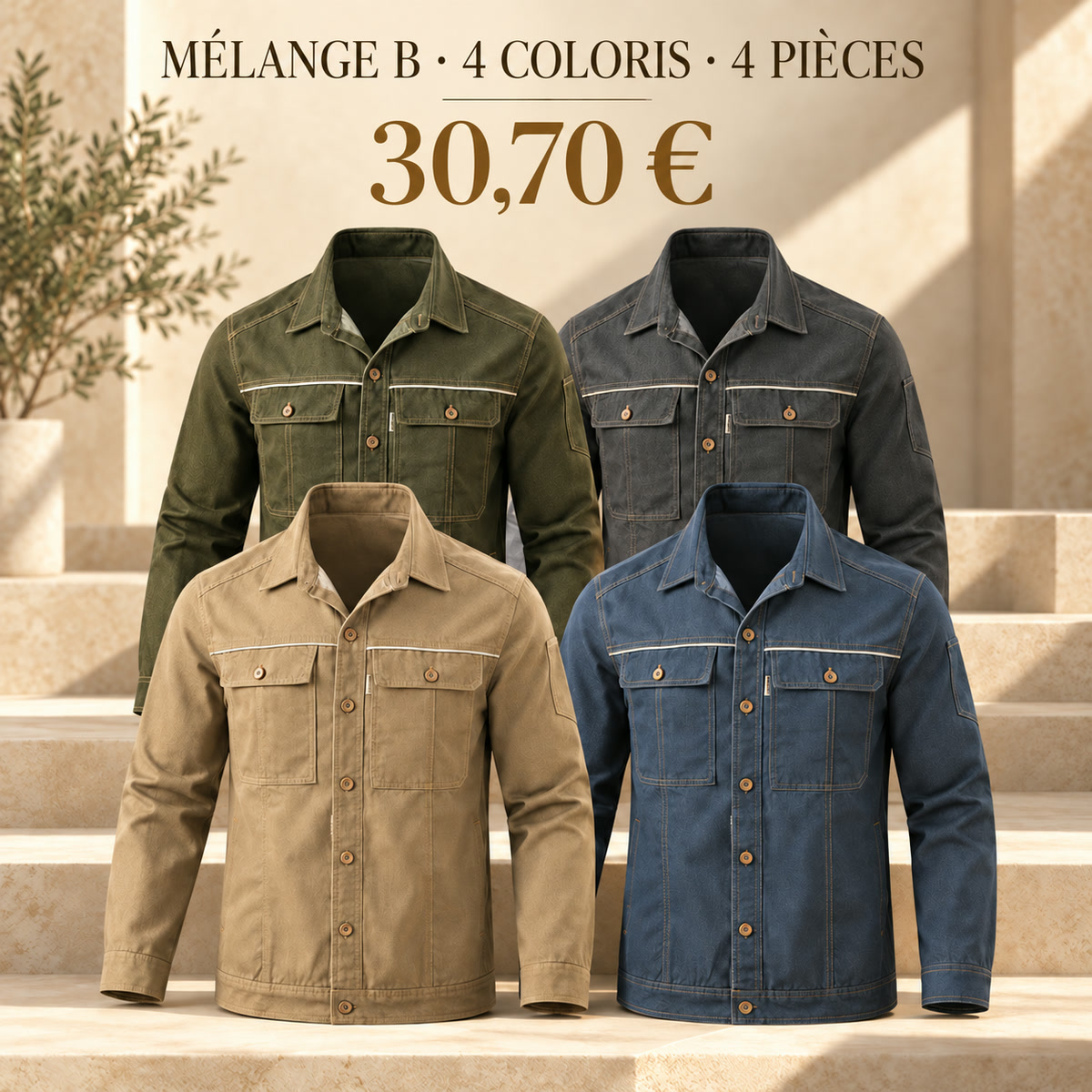 Veste homme à col et boutonnage devant – lot - Lot de 4 pièces, assortiment B: Olive / Anthracite / Kaki / Ardoise