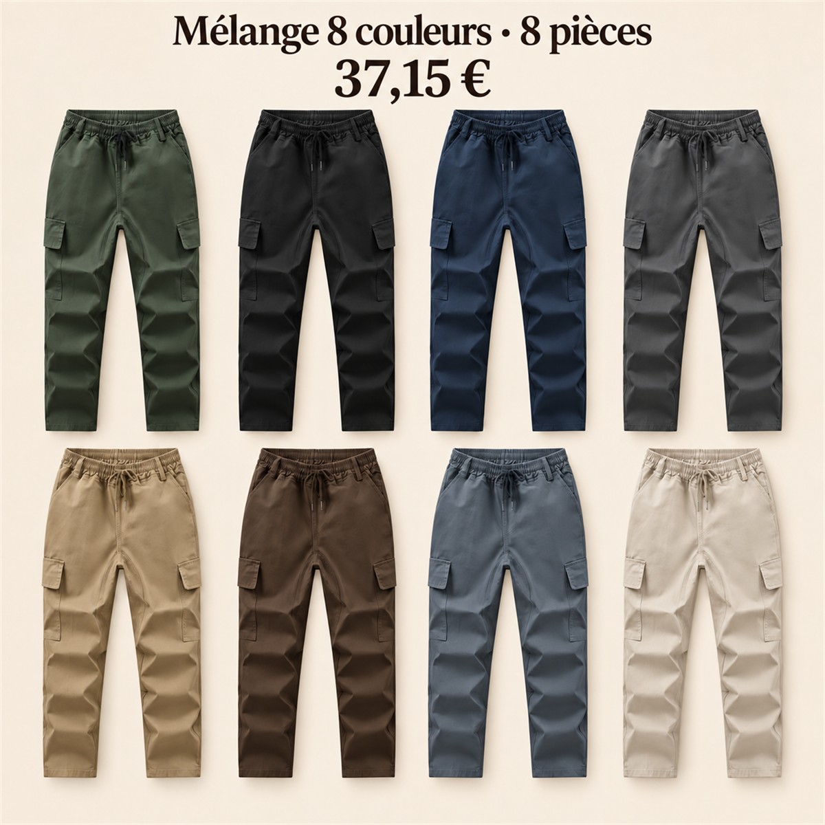 Pantalon cargo homme à taille élastique – lot - Lot de 8 pièces, toutes les couleurs